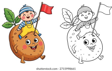 Ein lustiges Vektorgrafik-Set mit einem fröhlichen Jungen, der mit einer Fahne auf einer wandelnden Kartoffelfigur reitet. Umfasst sowohl eine farbige Version als auch einen schwarz-weißen Umriss, der perfekt zum Färben von Büchern geeignet ist.