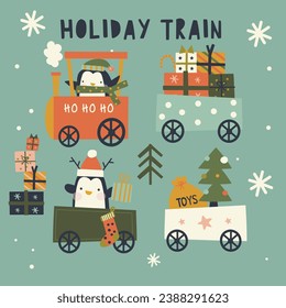 A fun vector illustration set which includes a sweet holiday train, with penguins and gifts and festive trees.
Great for kids cards, crafts and gifts.