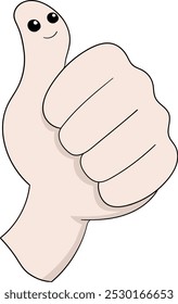 A fun vector illustration of a thumbs-up gesture with a cheerful smiling face drawn on the thumb. This cartoon-style design adds a playful and positive touch