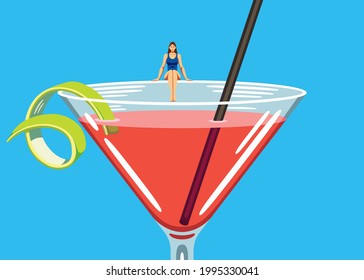 Fun vector illustration of a tiny woman in a swimsuit sitting on the edge of a refreshing cocktail glass, filled with a pink liquid, with a drinking straw and a lemon ornament.