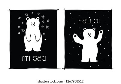 Fun vector illustration with white bears on the black made by hand . Two cards for your messages. 