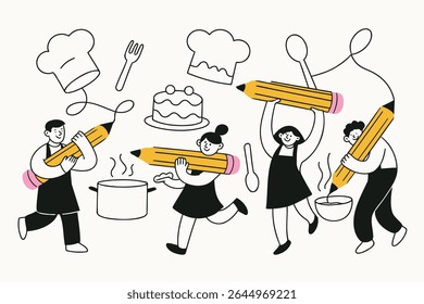 A fun vector of kids cooking with giant pencils. Features chef hats, spoons, and cake icons. Perfect for creative education, kitchen-themed learning, and playful food-related content.