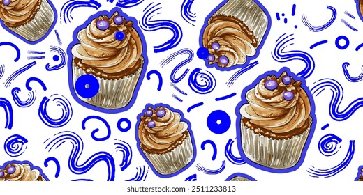 Fun vector seamless pattern with colorful freehand cupcakes and blue abstract lines.Cartoon background, simple shapes in bright colors. Creative style art for trendy design. Hand drawn. Not AI. EPS 10