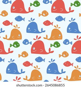 Fun vector seamless pattern featuring colorful whales and fish in vibrant shades with a light background suitable for various designs.