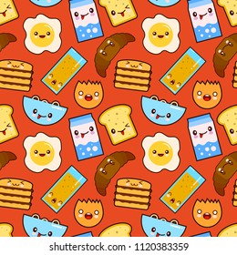 Fun vector seamless pattern Funny characters breakfast vector toasts bread, milk, fried egg cute food and drink in kawaii style with smiling face