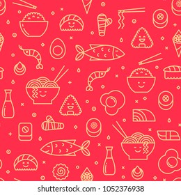 Fun vector seamless pattern with japanese food like sushi, rice, rolls, fish. Red and yellow colors. Smiling faces, iconic style, line art.