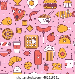 Fun vector seamless pattern with restaurant and fast food like coffee, pizza, wafer, burger, ice cream and chinese plates. Pink, red and yellow colors. Smiling faces, iconic style, line art.