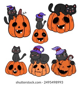 Fun vector set featuring a black cat wizard and a jack-o'-lantern with various expressions and poses. Perfect for Halloween-themed designs.