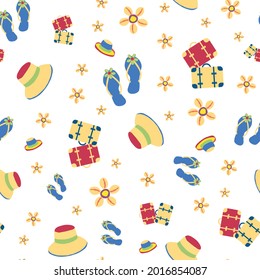 Fun vector travel seamless pattern background. Suitcases, flip flops, cowrie shells, sun hats backdrop. Bright multicolor repeat with vacation icons scattered design. For summer, beach holiday