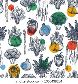 Fun vegetables seamless pattern. Broccoli, carrot, onion, pepper, spinach, asparagus, fennel engraved vintage illustration. Vector illustration