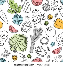 Fun vegetables seamless pattern. Linear graphic. Vegetables background. Scandinavian style. Healthy food. Vector illustration