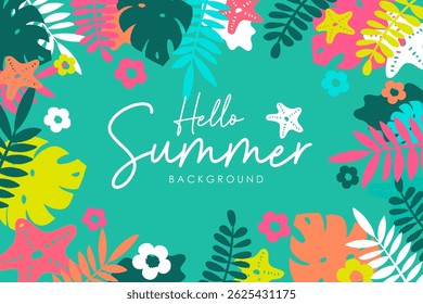 Fun and vibrant 2025 summer foliage illustration with tropical flowers and beach vibes. Colorful summer floral background with exotic leaves and flower. Hello summer 2025