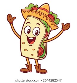 Fun, vibrant cartoon showcasing a smiling taco character adorned with a traditional sombrero and charming boots, bringing a playful touch with its friendly expression, presented on a clean backdrop.
