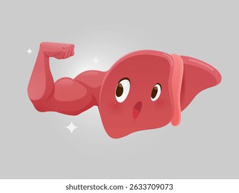 A fun and vibrant cartoon-style illustration of a strong, smiling liver flexing its muscular arm a bold symbol of health, strength, and the power of proper liver care.