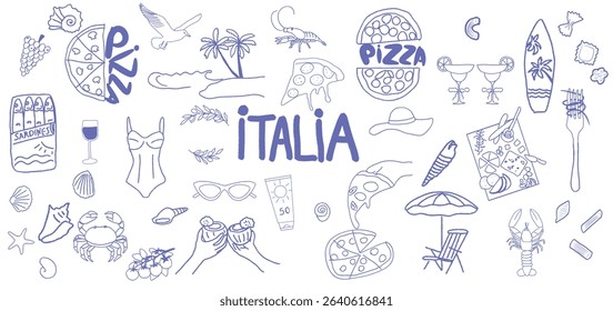 A fun and vibrant collection of Italian summer vacation doodles featuring elements like pizza, the sea, tropical fruits, sunglasses, and beach accessories. This design captures the essence of a relaxi