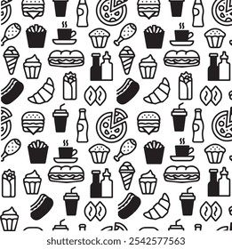 Fun and vibrant fast-food pattern featuring burgers, fries, sodas, and more! Perfect for packaging, menus, social media backgrounds, and branding projects that need a playful, appetizing touch