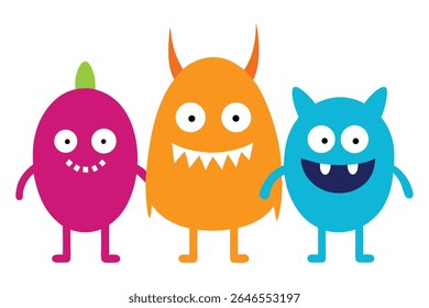A fun and vibrant illustration featuring three adorable cartoon monsters in vibrant colors. Perfect for a wide range of projects, including children's books, games, party invitations, Halloween theme.