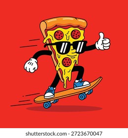 Uma ilustração divertida e vibrante de um personagem de pizza slice usando óculos de sol, skate e dando um gesto de polegar para cima em um fundo vermelho.