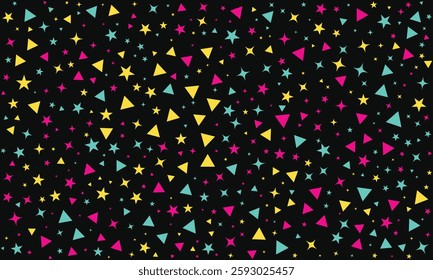 Fun, Vibrant Pattern of Stars and Triangles on a Black Background