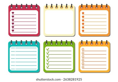 Fun and vibrant planner pages in square spiral notebooks, featuring hearts, stars, checkboxes, and bullet points for journaling or task planning.