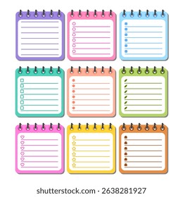 Fun and vibrant planner pages in square spiral notebooks, featuring hearts, stars, checkboxes, and bullet points for journaling or task planning.