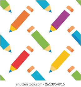 Fun and vibrant seamless pattern featuring colorful cartoon pencils. Perfect for educational designs, kids' projects, and digital art backgrounds.