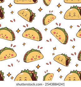 A fun and vibrant seamless taco pattern featuring adorable, smiling tacos with lettuce and cheese details. Ideal for food-themed backgrounds, packaging, textiles, and restaurant branding