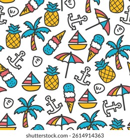 Fun Vibrant Tropical Paradise Seamless Pattern. Ideal for adding a cheerful and refreshing summer vibe. Perfect for summer textiles, vacation branding, travel accessories, tropical-themed, etc