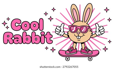 A fun and vibrant vector illustration of a cool rabbit character wearing pink sunglasses and sneakers, skateboarding while giving a thumbs up gesture.