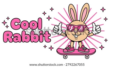 A fun and vibrant vector illustration of a cool rabbit character wearing pink sunglasses and sneakers, skateboarding while giving a thumbs up gesture.