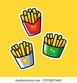 A fun and vibrant vector illustration featuring three servings of French fries in uniquely designed containers. Perfect for food branding, stickers, or creative art projects.