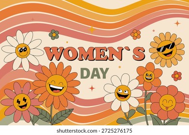 Uma divertida e vibrante ilustração vetorial para o Dia Internacional da Mulher (8 de março) em uma estética retrô elegante dos anos 70. O design apresenta um grupo alegre de sorridentes flores margaridas, incluindo um personagem com óculos escuros frios, cercado por estrelas cintilantes e listras onduladas psicodélicas ousadas. A paleta de cores usa tons de pôr do sol quentes como laranja, amarelo e rosa avermelhado. Esta composição elegante é ideal para cartazes festivos, banners de mídia social, cartões de saudação, adesivos e impressões de vestuário. Gráficos vetoriais de alta qualidade que capturam a essência da arte pop vintage e cultura hippie