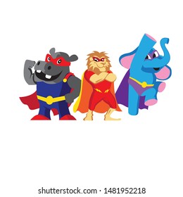 A fun and vibrant vector illustration set featuring three cute animal superheroes: a strong rhino, a brave lion, and a flying elephant. Each character is dressed in colorful superhero costumes with capes and masks, designed in a friendly cartoon style. This mascot collection is perfect for children's brands, toy packaging, preschool education, pediatric clinics, birthday party themes, and creative storytelling for kids.
