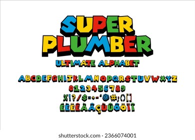 Fun video game colorful ultimate alphabet. Fake 3D vector typography illustration