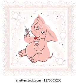 Fun, vintage 1950s style illustration of cute pink elephant drinking cocktails.