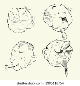 Fun vintage illustration of four cartoon characters with different expressions