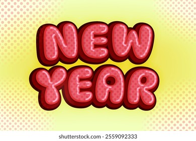 Fun and vintage New Year text effect in red with a halftone yellow background, delivering a playful and children's vibe. Ideal for holiday ads and promotional posters