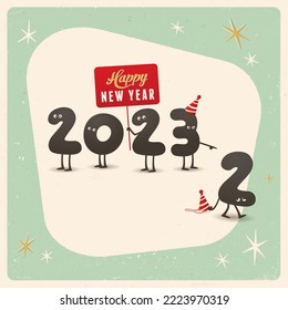 Fun vintage style greeting card - Happy New Year 2023 - Editable, grunge effects can be easily removed for a brand new, clean sign. Vector.