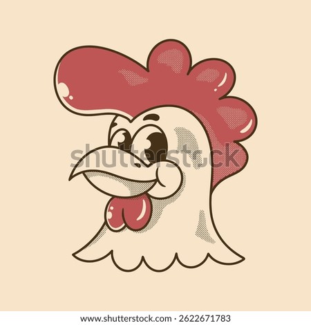 A fun and vintage style rooster head illustration with cheerful expression and warm earthy tones