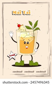 A fun vintage-style cocktail with a price tag. Cheerful Mai Tai cocktail character in vintage style with price tag on beige background