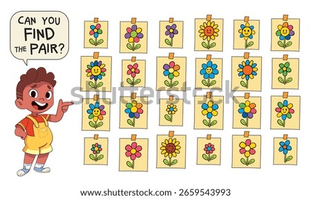 Fun visual puzzle for kids – find the two identical flowers among many colorful cards. Great for learning, activity books, and educational games. Find the Match. Funny cartoon characters. Set