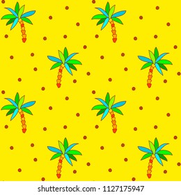 A fun wallpaper design with a motif of summer, palm trees, vacation. Colorful seamless summer pattern with palm trees and falling coconuts above yellow background. Vector Textile Print Design in cartoon style with summer motifs. 