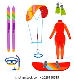 Fun water extreme sport kiteboarding surfer sailing leisure sea activity summer recreation extreme vector illustration.