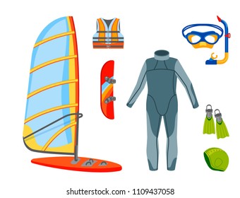 Fun water extreme sport kiteboarding surfer sailing leisure sea activity summer recreation extreme vector illustration.