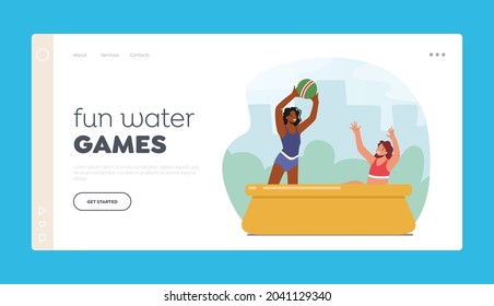 Fun Water Games Landing Page Template. Happy Family Characters Mother and Daughter Playing Ball in Swimming Pool. Mom with Girl Summertime Outdoor Activity. Cartoon People Vector Illustration