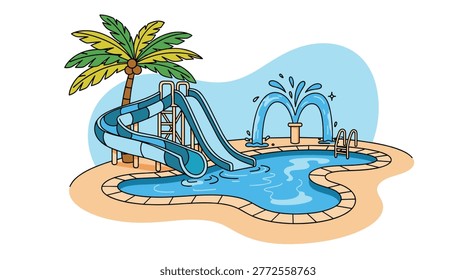 Fun water park scene featuring a blue swimming pool with a curved slide, a straight slide, and a water fountain.