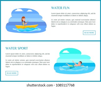 Fun water sport, colorful vector illustration, girl paddling in bright boat, marine waves, joyful swimmer, sunny weather, marine leisure