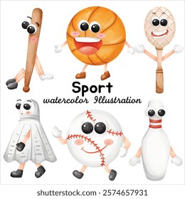 Fun Watercolor Sport Illustration with Cheerful Cartoon Sports Equipment, Including Baseball, Basketball, Badminton, Bowling Pin, and Racket - Perfect for Playful Designs