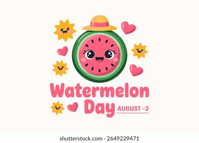 Fun watermelon day emblem with kawaii fruit mascots and sunshine for sweet summer august celebration t-shirt