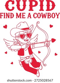 divertido design de valentim ocidental com cupido vestido como um cowboy com asas coração óculos de sol chapéu cinto de laço e arco e seta cercado por corações com a frase cupid me encontrar um cowboy perfeito para fãs de rodeio meninas do país e valentines camisetas do dia